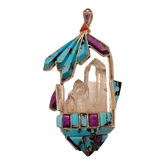 Quartz Crystal, Turquoise, Purple Spiny Oyster, and Coral Pendant Necklace